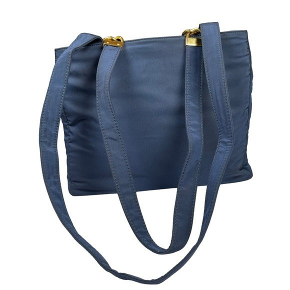 Bally Navy Blue Satin Gold Chain Link Shoulder Purse Dual Zippy Handbag Bag