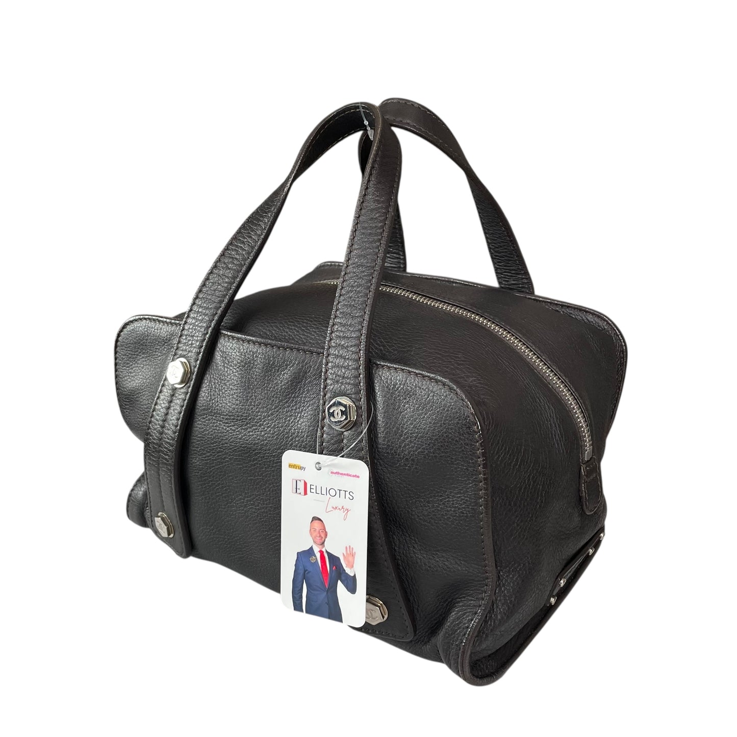 Chanel CC Bolt Deerskin Boston Dark Brown Studded Purse