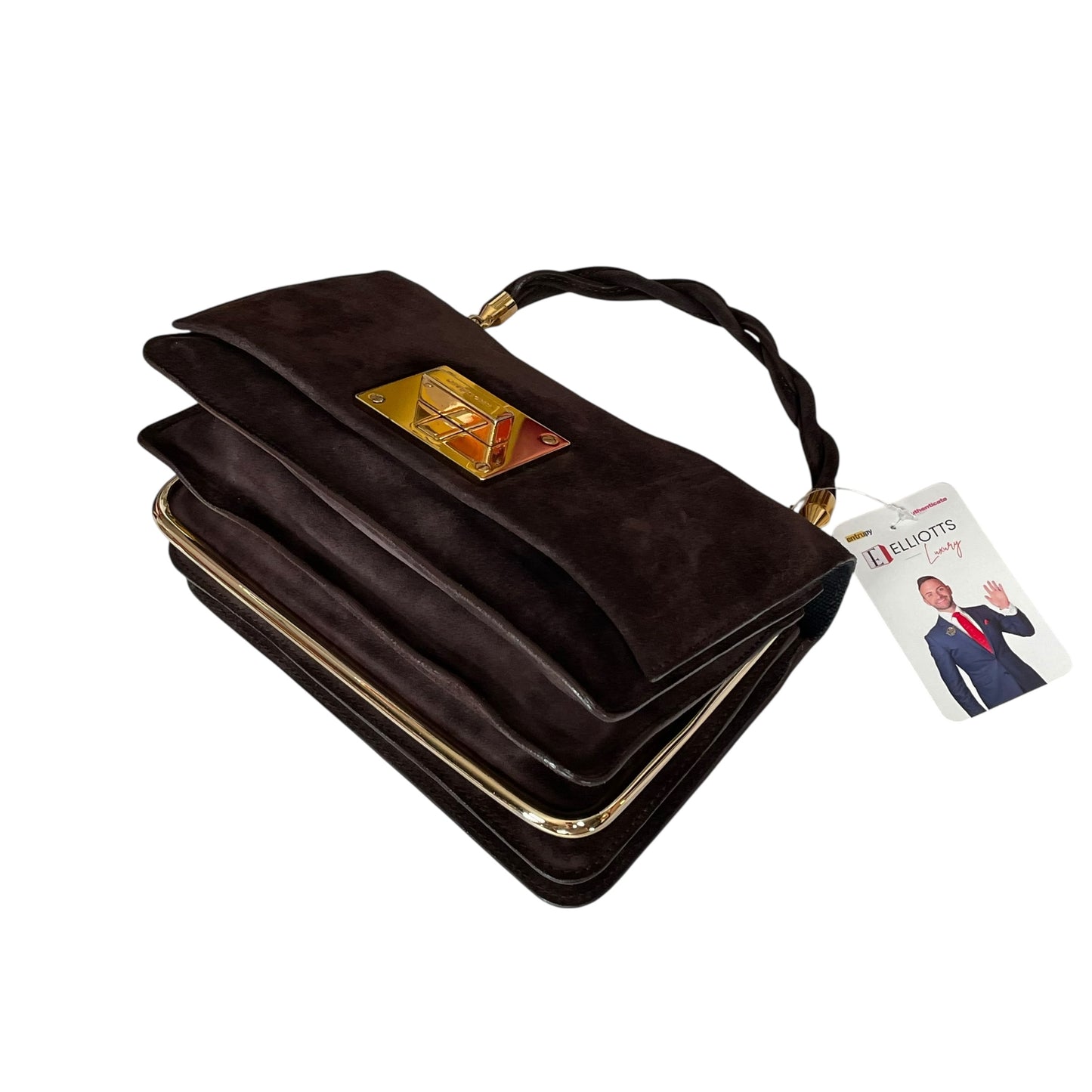 Givenchy Turn-Lock 4G Brown Suede GHW Woven Strap Clutch Handbag