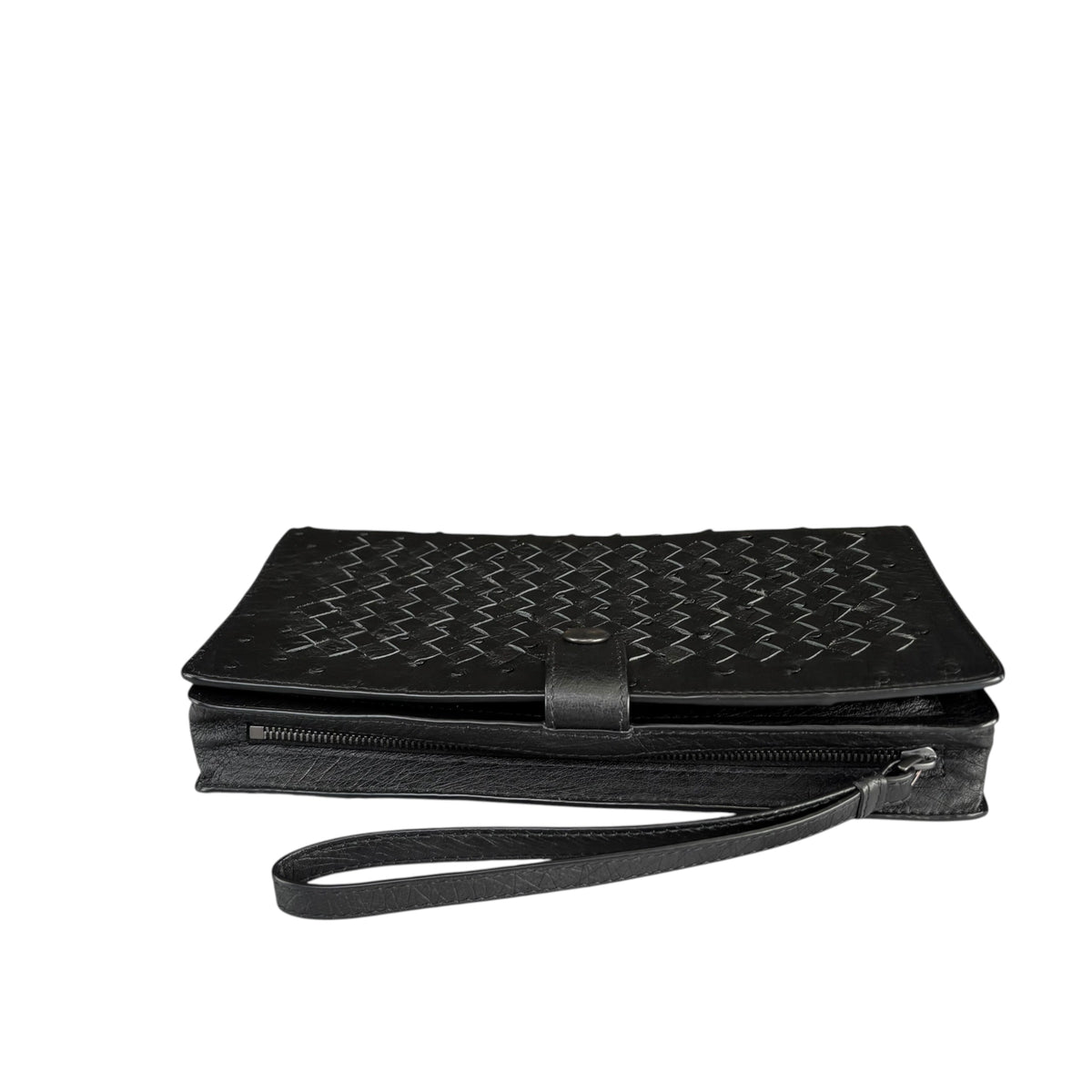 Bottega Veneta Ostrich Black Leather Organizer Snap Clutch Zip