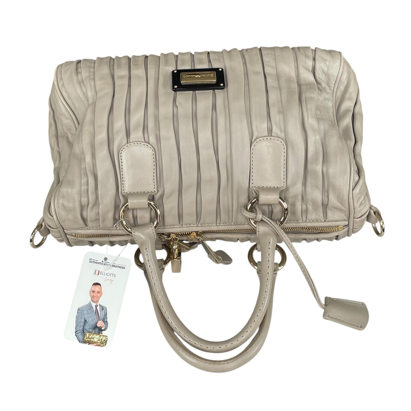 Emporio Armani Pleated GHW Leather Satchel Taupe Lock Key Crossbody Boston Bag