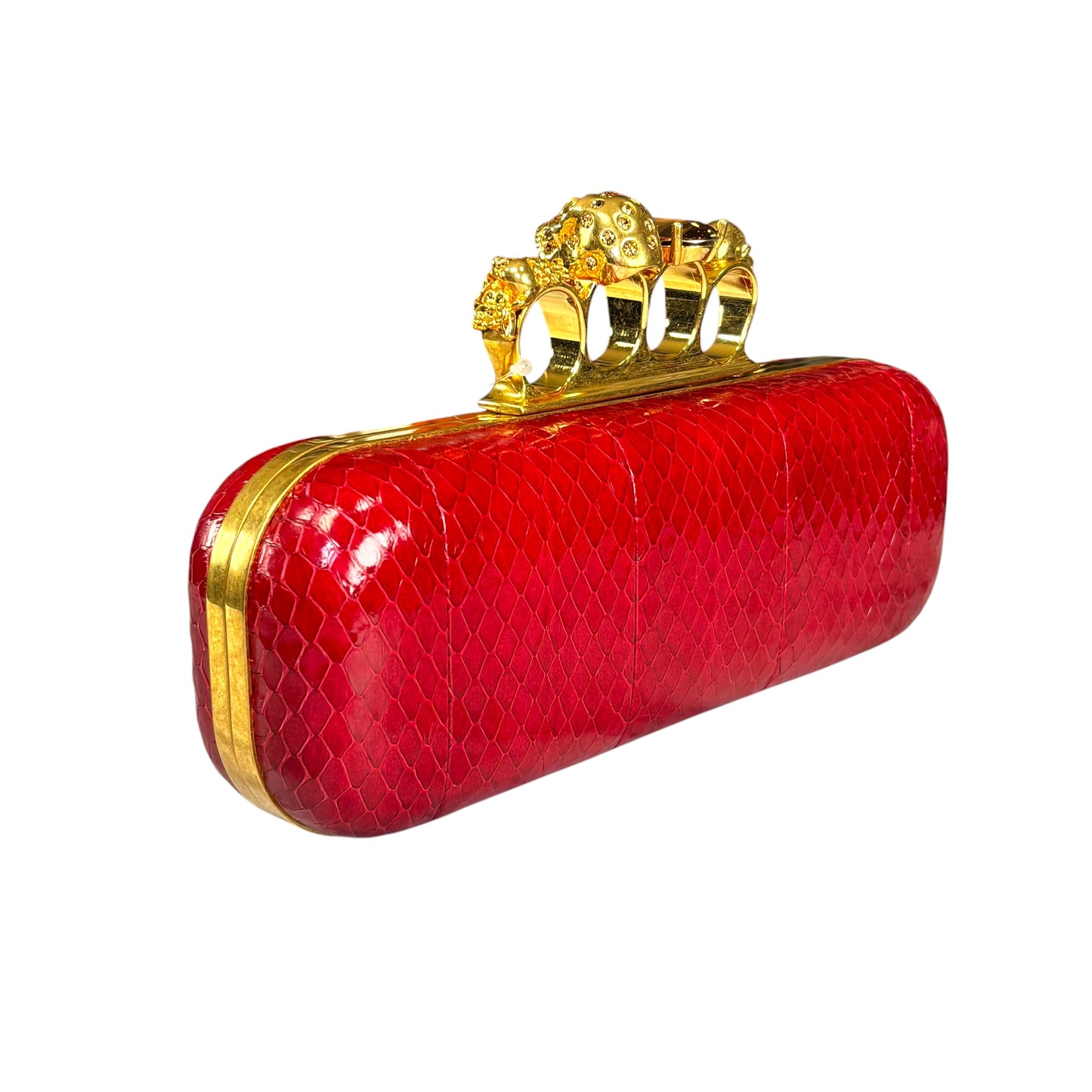 Alexander McQueen Ruby Red Embossed Leather Knuckle Clutch – Gold Rhinestone Skull Hardware