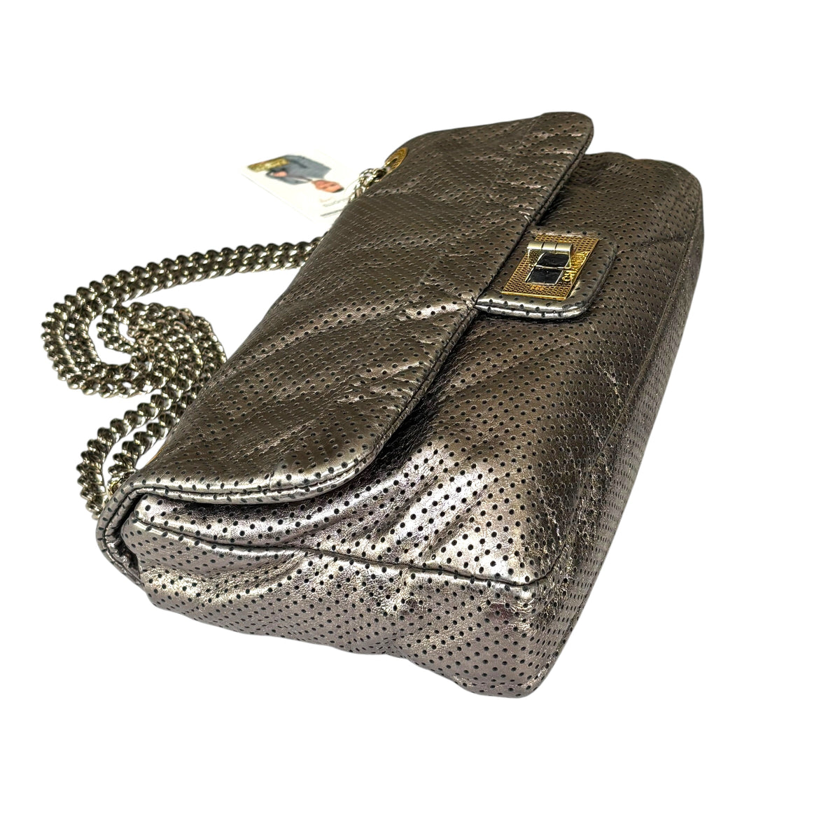 Chanel 2.55 Drill Flap Pewter Metallic Lambskin Leather GHW Med Shoulder Purse