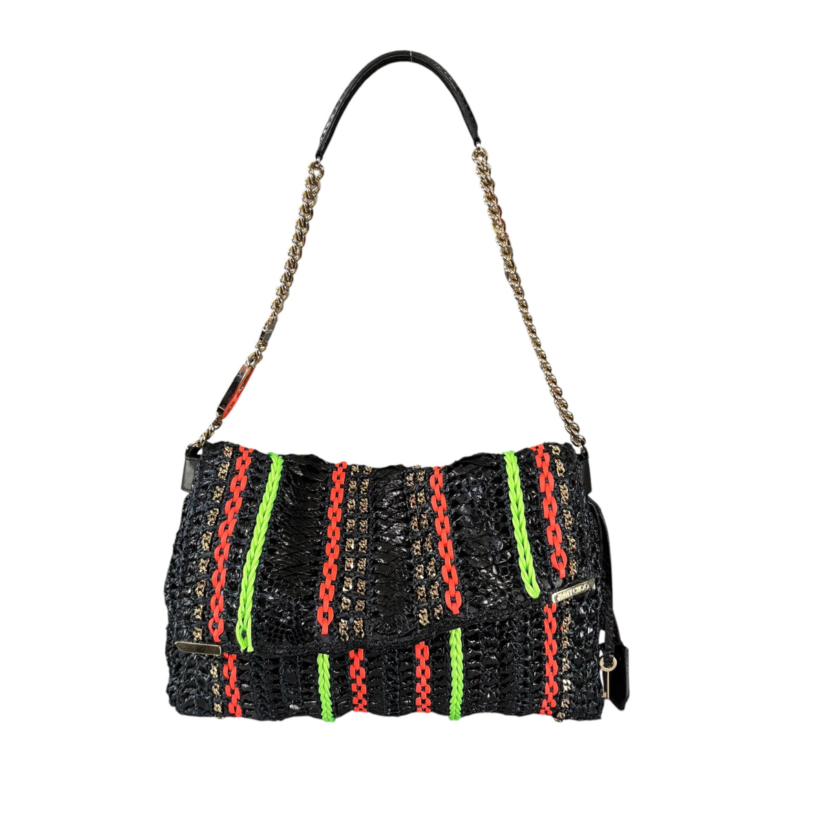 Jimmy Choo GHW Leather Rafia Neon Black Snake Chain Flap