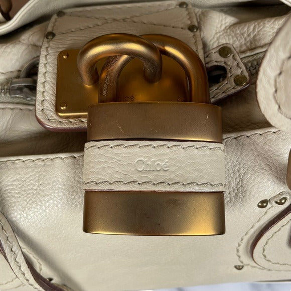 Chloe Paddington XL Lock Ivory Pebbled Thick Heavy Duty Boston Travel Bag Purse