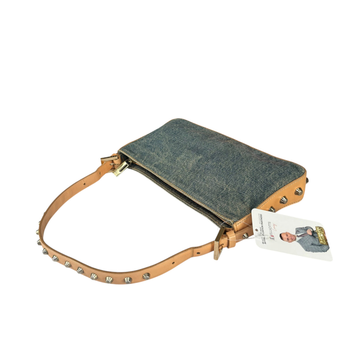 Fendi Y2K Baguette GHW Denim Studded Tan Leather Shoulder Purse