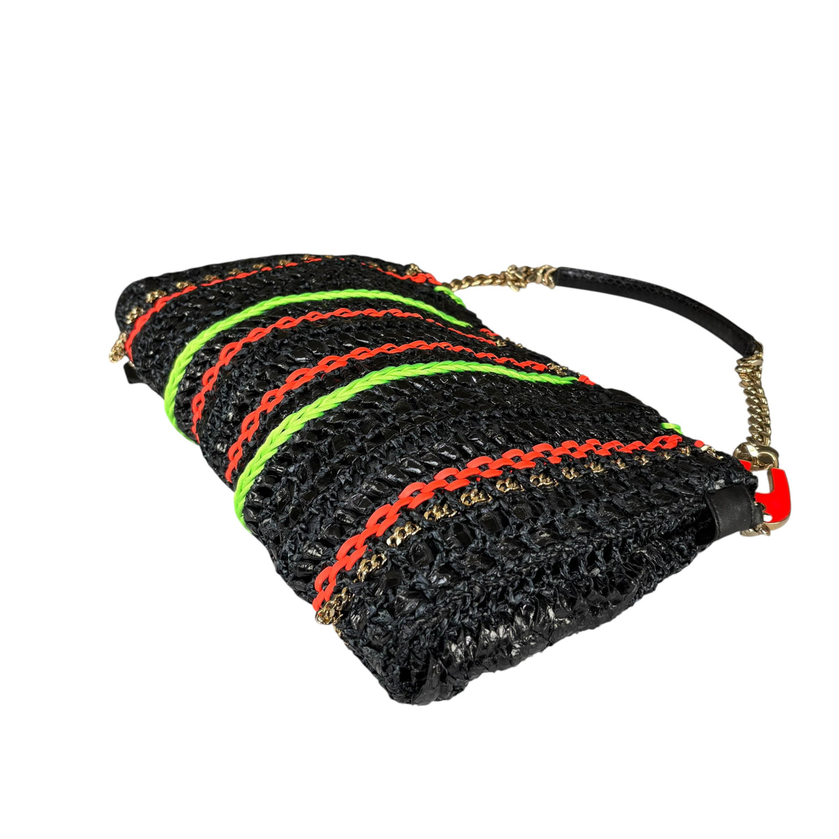 Jimmy Choo GHW Leather Rafia Neon Black Snake Chain Flap