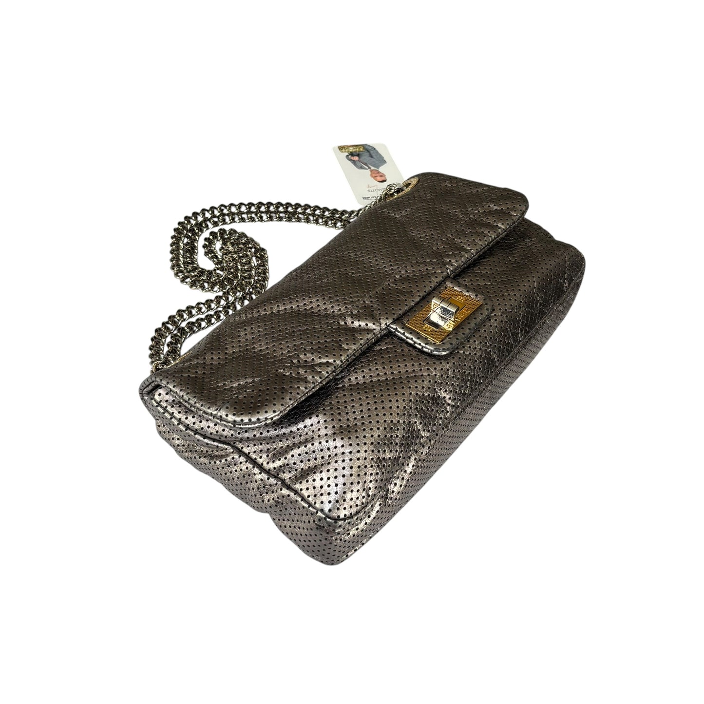 Chanel 2.55 Drill Flap Pewter Metallic Lambskin Leather GHW Med Shoulder Purse