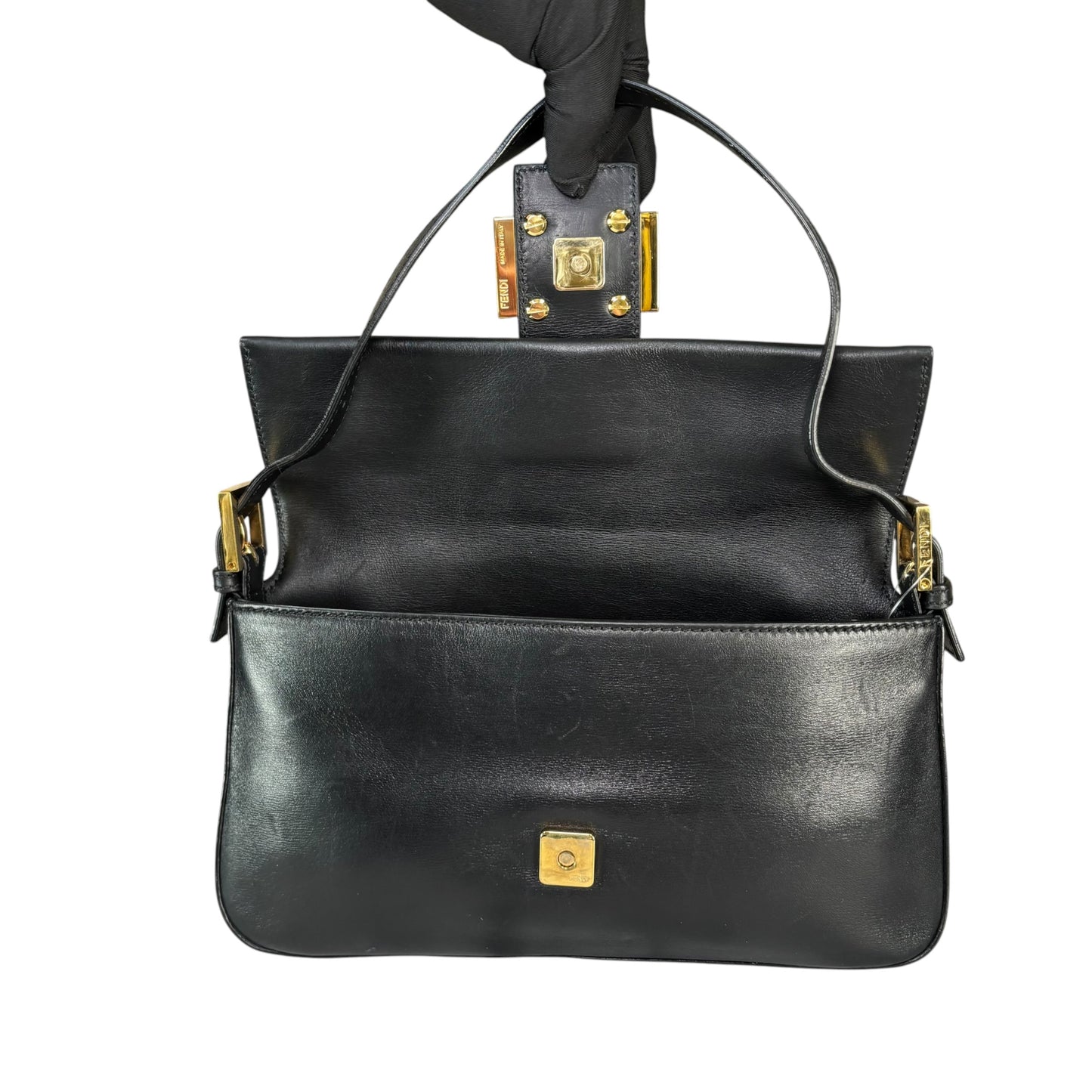 Fendi Baguette Re-Issue Black Leather GHW Red/ Tan Shoulder Purse