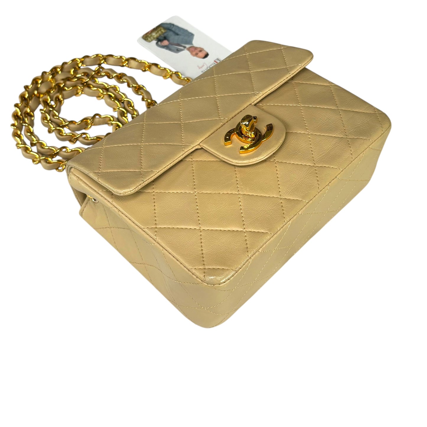 Chanel CC Classic Mini Square Beige Lambskin GHW Shoulder Purse