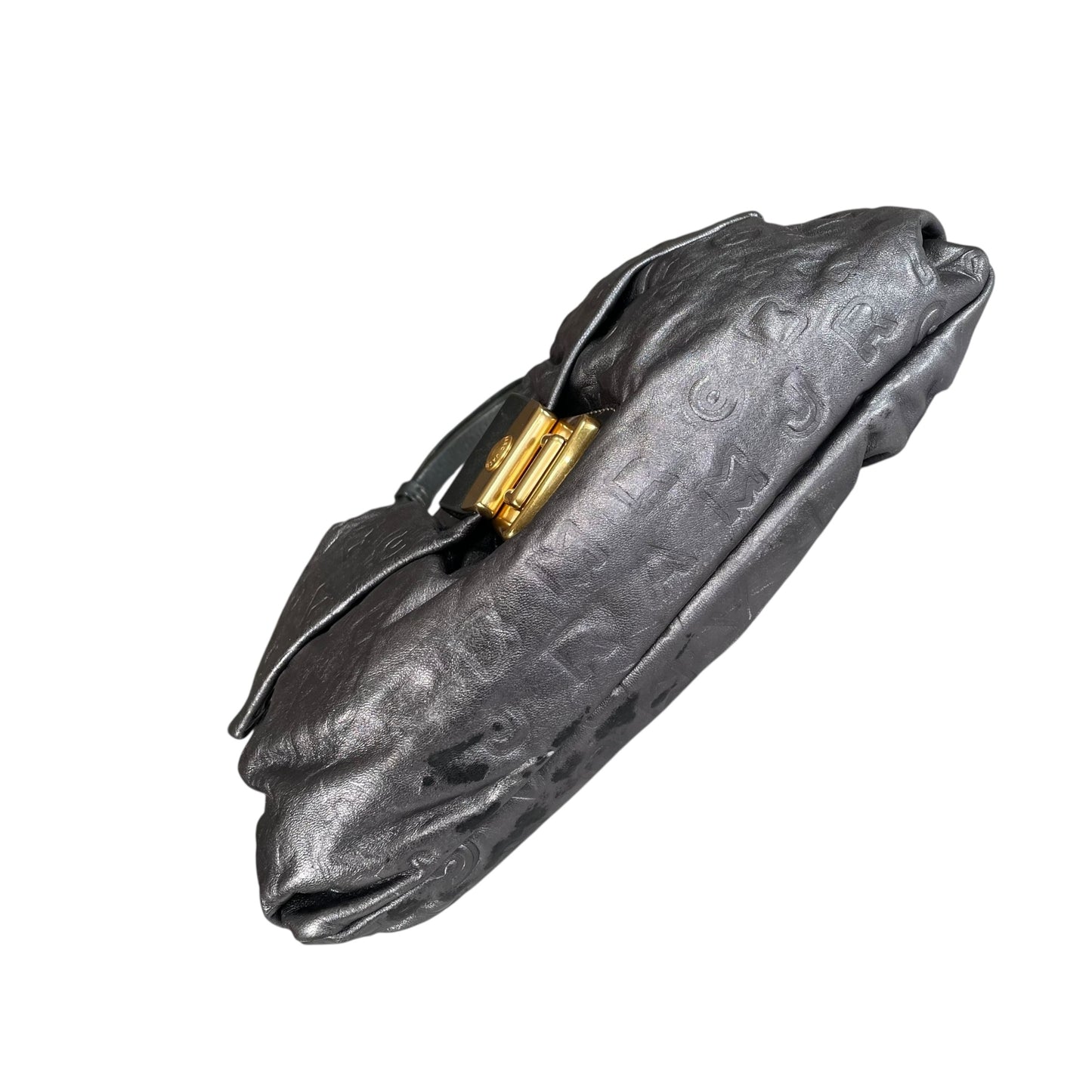 Marc Jacobs Linda Metallic Grey GHW Mono Leather Cinched Shoulder Purse