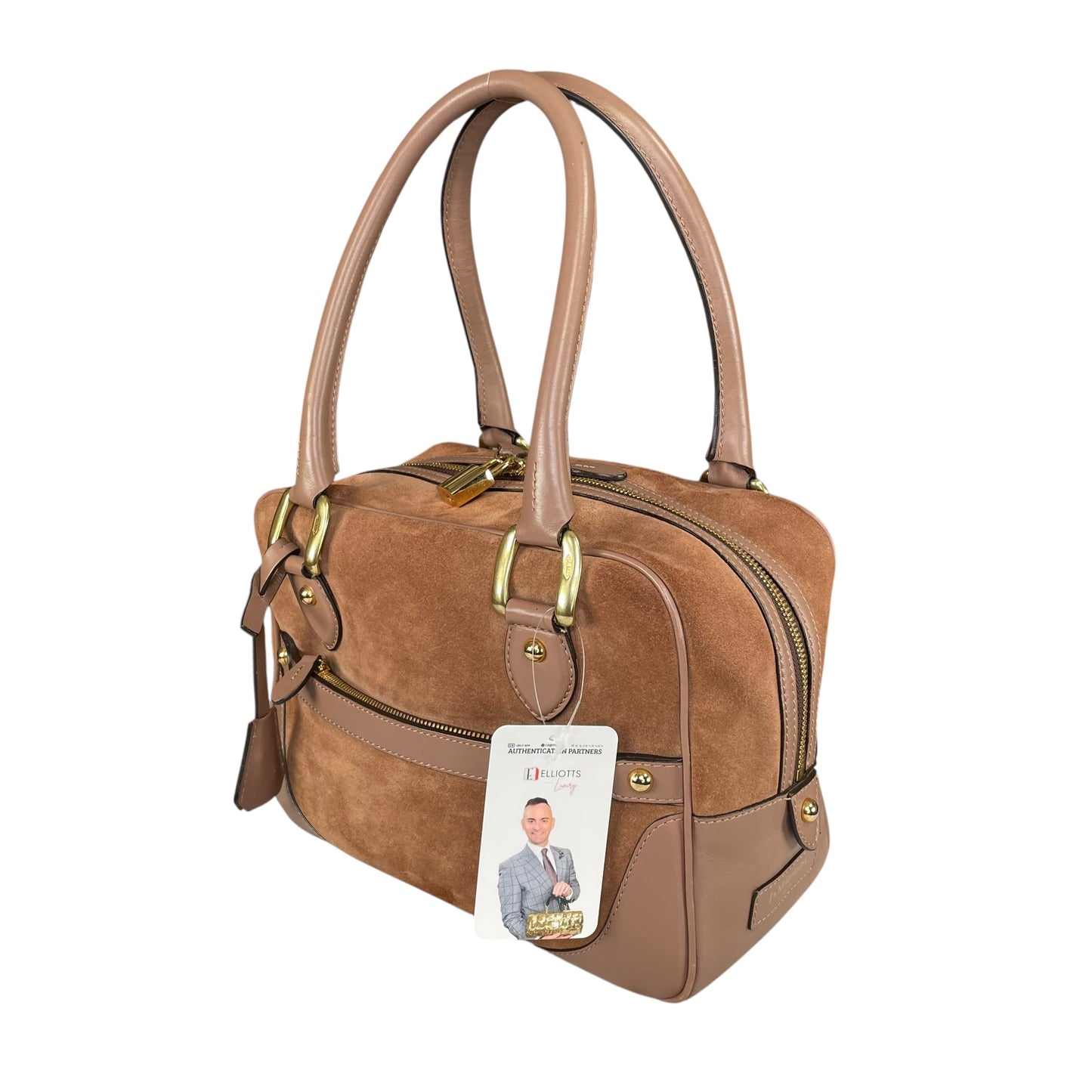 J&M Davidson Mia Equestrian Satchel Suede Leather Brown Lock Key Boston Bag