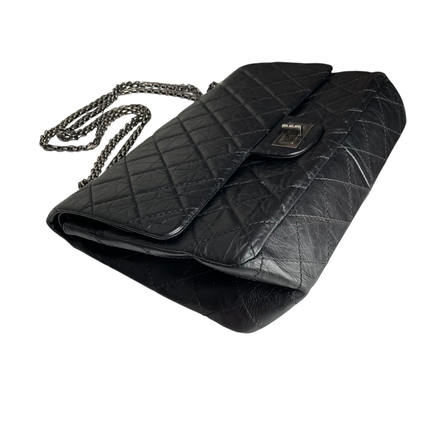 Chanel CC 255 Re-Issue Large Black Aged Calf Gunmetal Hardware Double Flap Purse