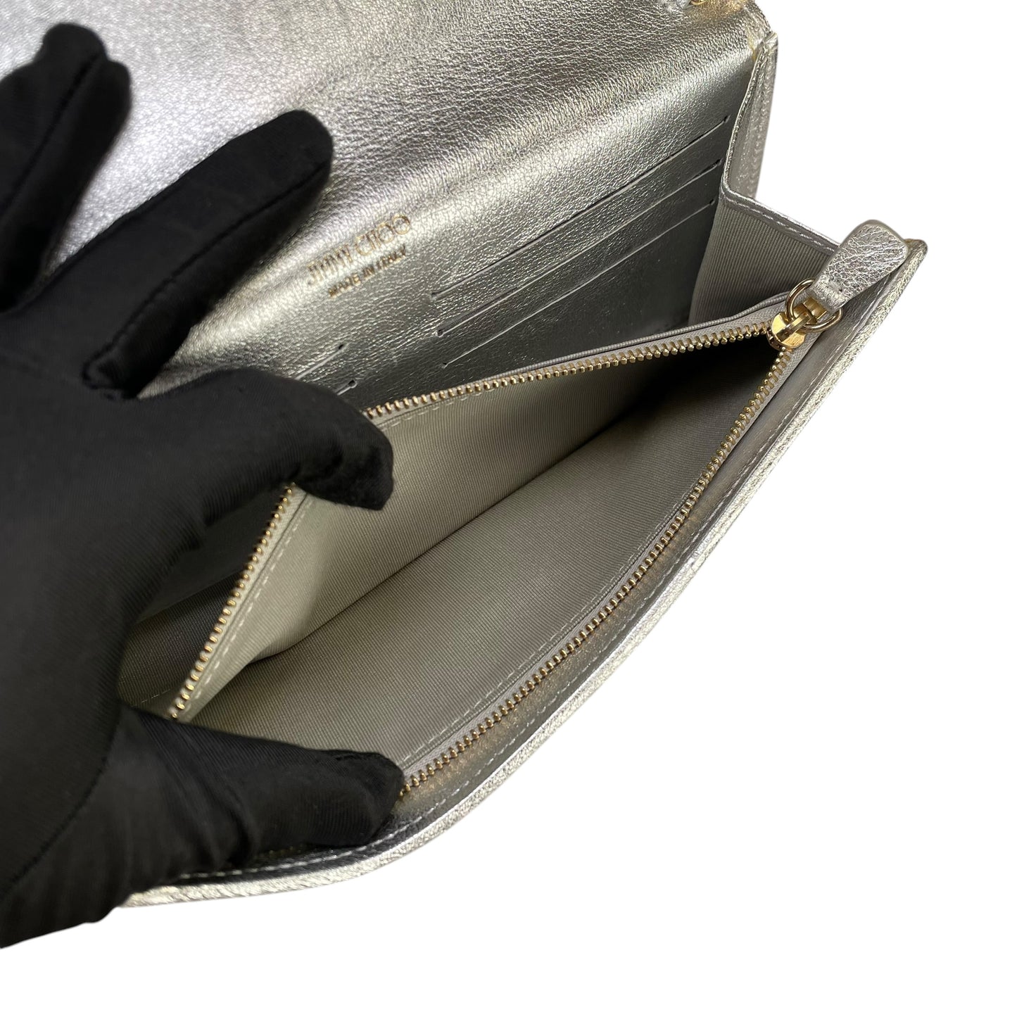 Jimmy Choo Margot Metallic Glitter Silver Leather GHW Chain Clutch