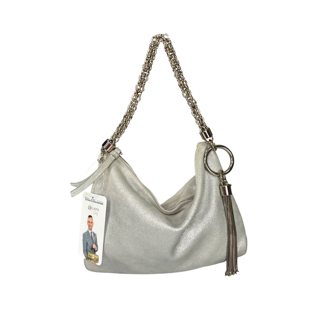 Jimmy Choo Mini Callie Silver Metallic Sueded Leather Purse