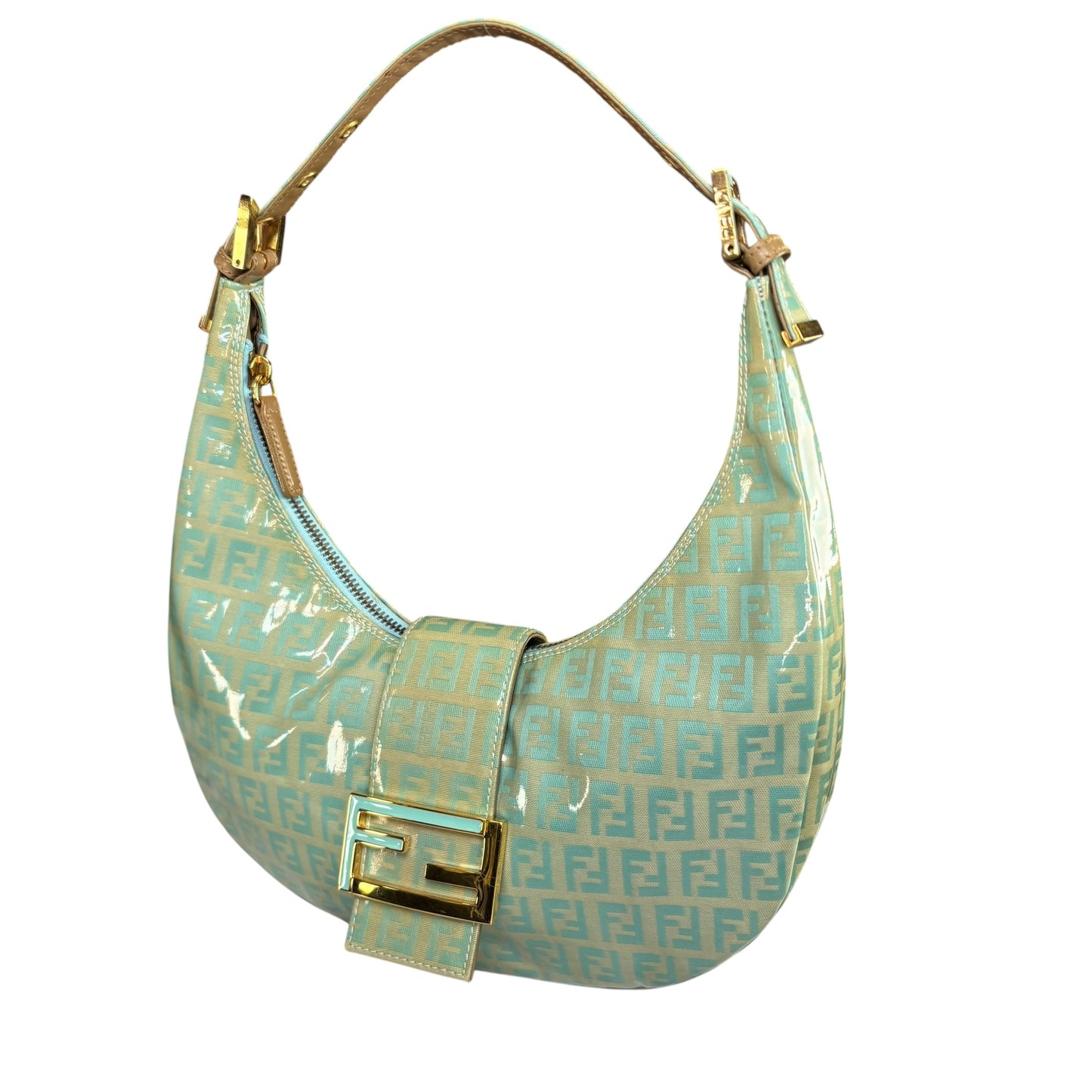 Fendi Y2K Baguette Crescent Mint Green Zucchino Coated Canvas Leather Purse