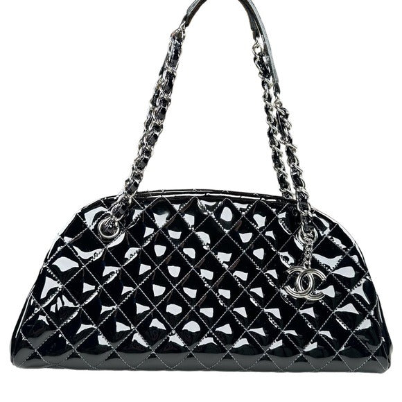 Chanel Black Quilted Patent Leather Tote Bag with Silver Hardware