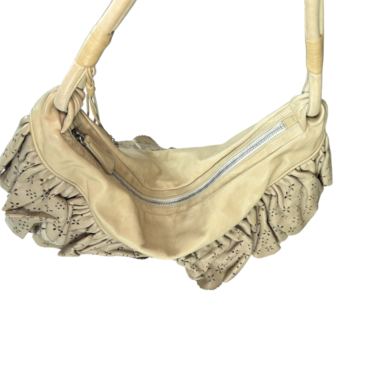 Christian Dior Bone Gypsy Ruffled Leather Perforated Hobo Bag