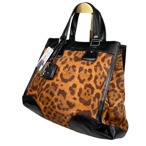 Celine Leather Satchel Trapezoid Black Pony Hair Cheetah Three File Large Tote