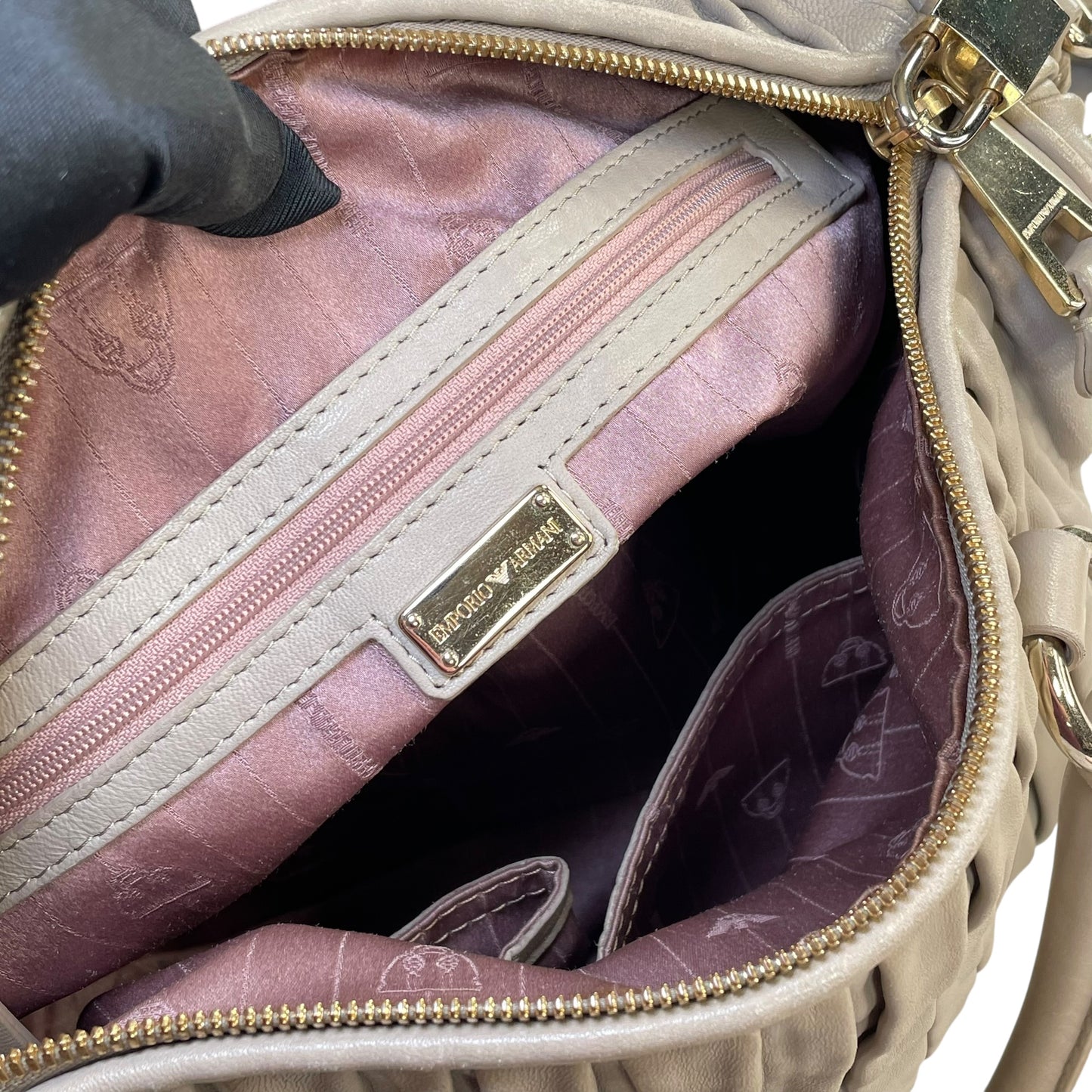 Emporio Armani Pleated GHW Leather Satchel Taupe Lock Key Crossbody Boston Bag