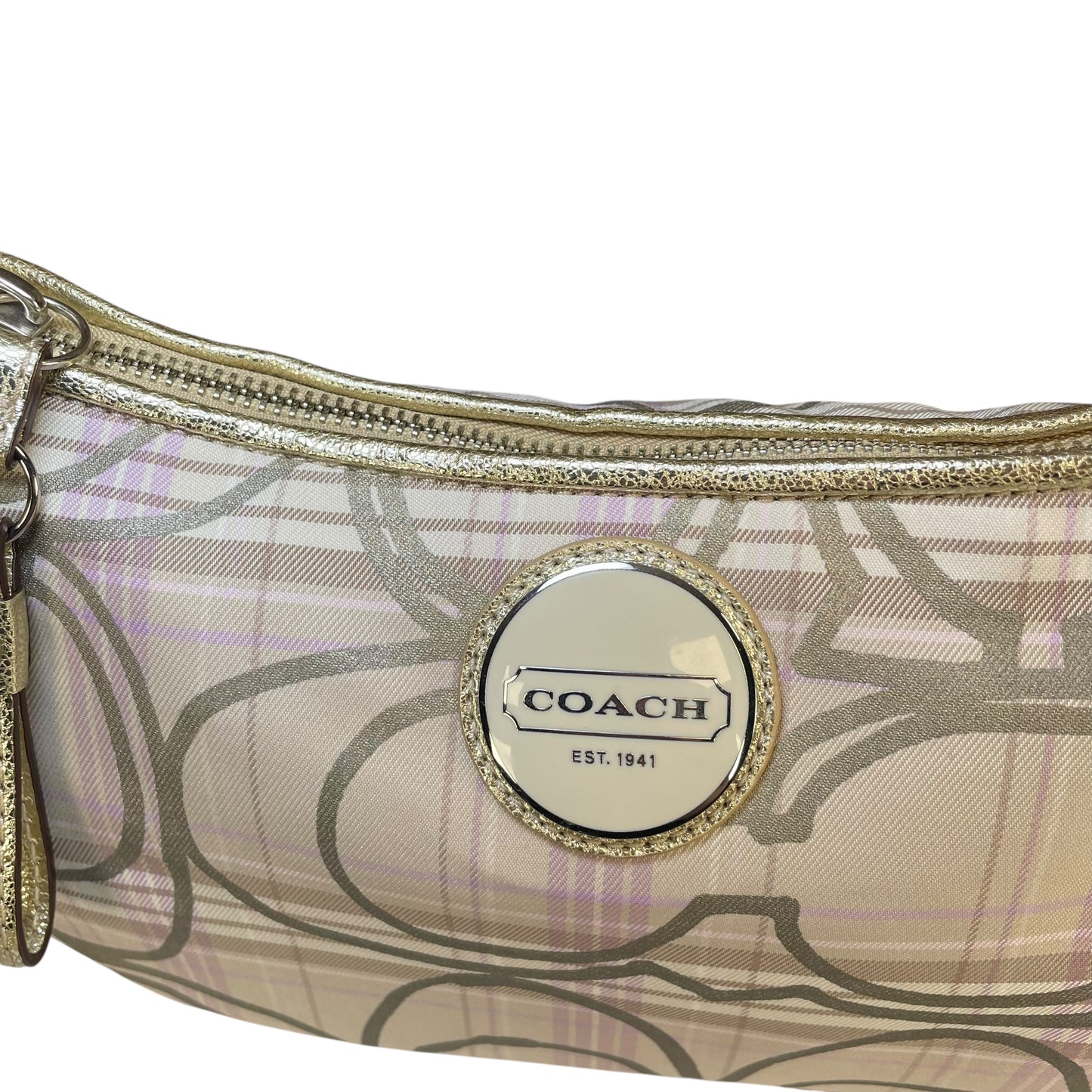 Coach Demi Tartan Plaid Nylon Bag Metallic Gray Gold Leather Shoulder Crossbody Y2K