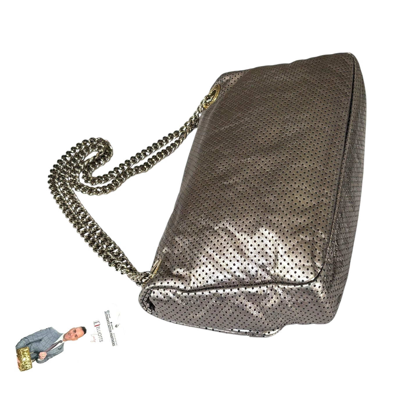 Chanel 2.55 Drill Flap Pewter Metallic Lambskin Leather GHW Med Shoulder Purse