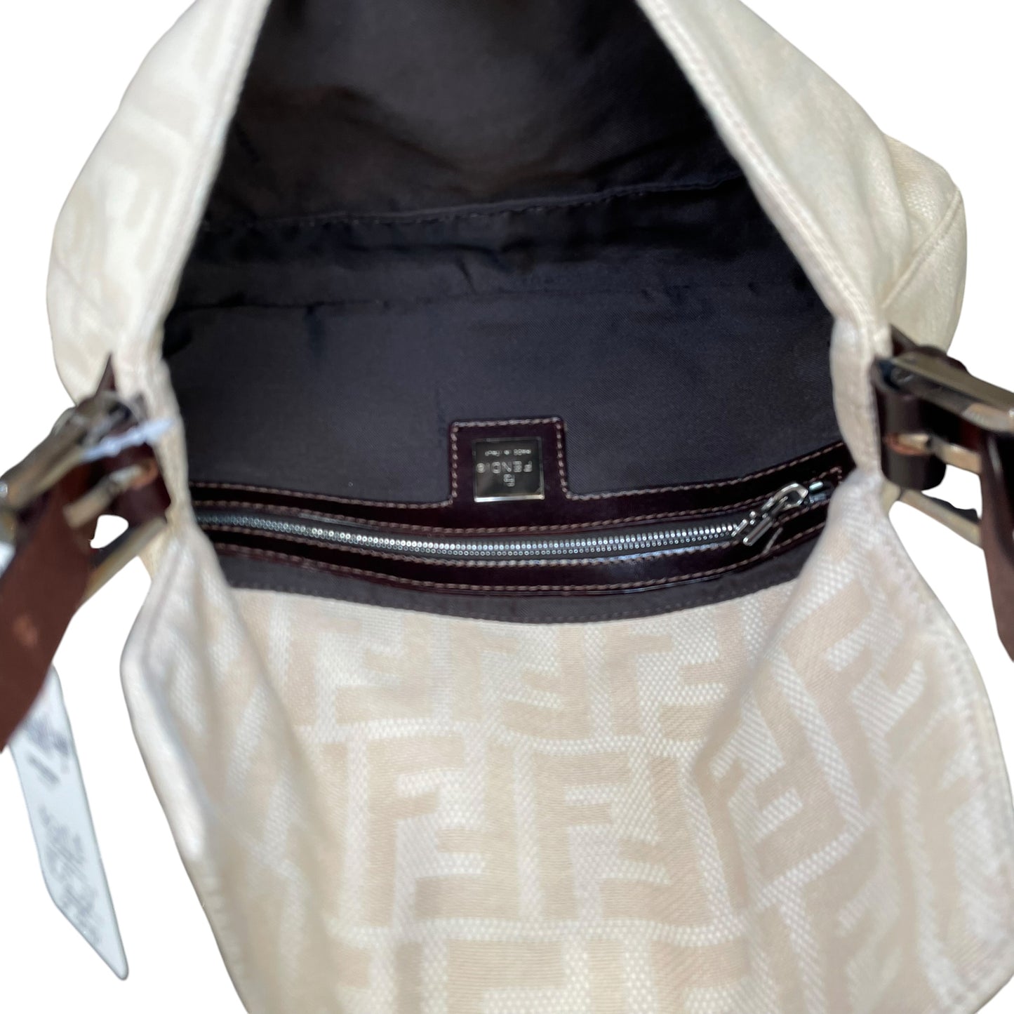 Fendi Baguette Y2K Zucca Monogram Cream Brown Fabric Leather Shoulder Purse