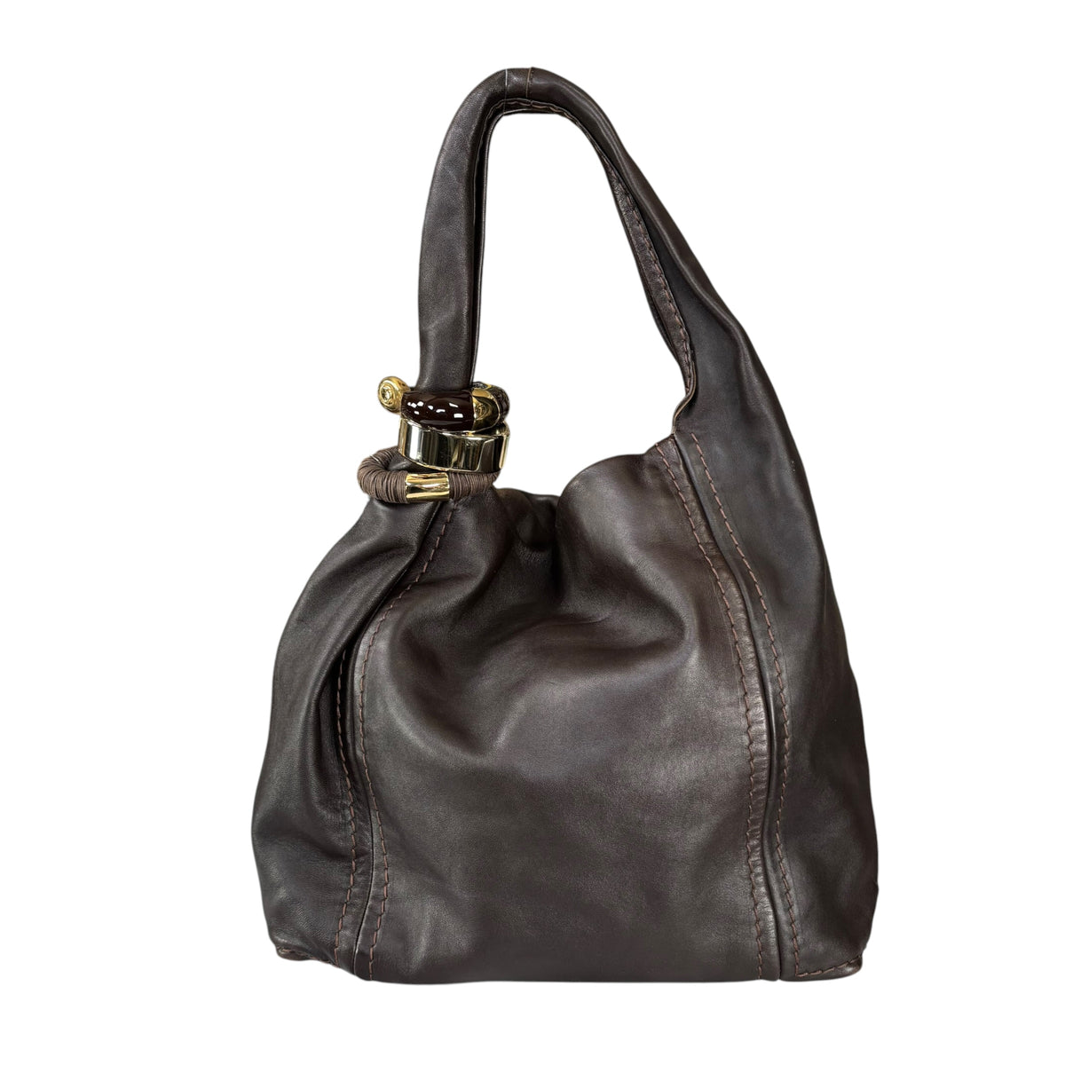 Jimmy Choo Saba Brown Leather GHW Bangle Large Hobo Shoulder Purse