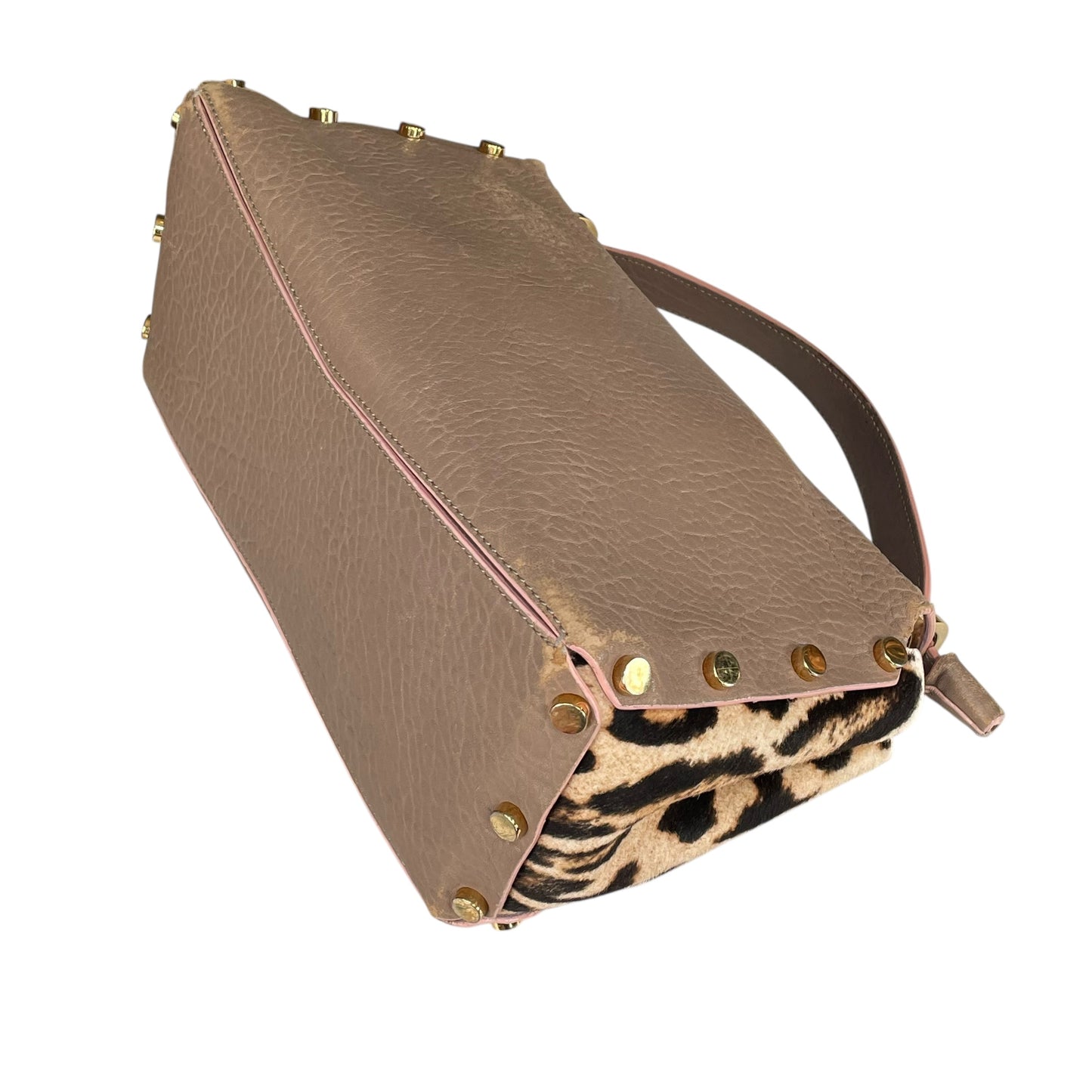 Jimmy Choo Lockett Two Way Bag Leopard Pony Hair Taupe Leather Gold HW Satchel