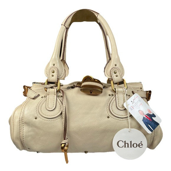 Chloe Paddington XL Lock Ivory Pebbled Thick Heavy Duty Boston Travel Bag Purse