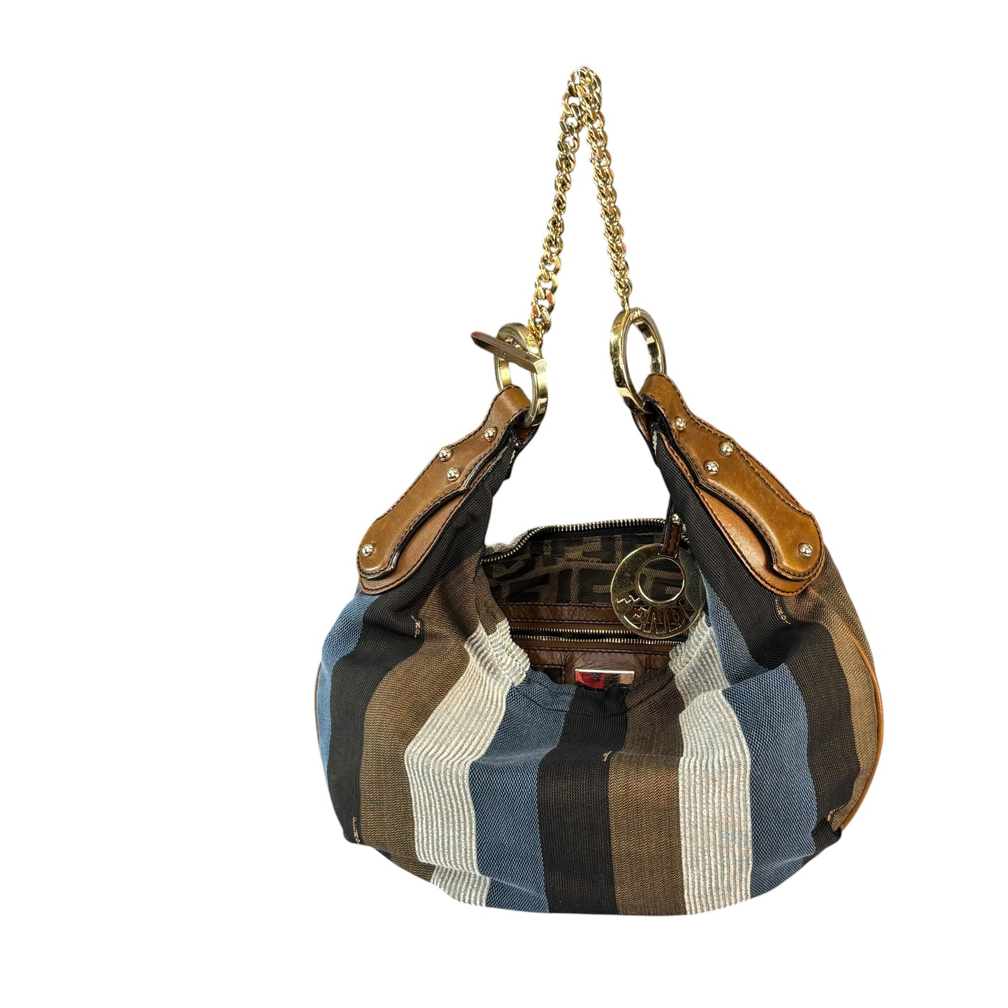 Fendi Y2K Pequin Striped Multicolor Small Blue / Brown GHW Jacquard Hobo Purse