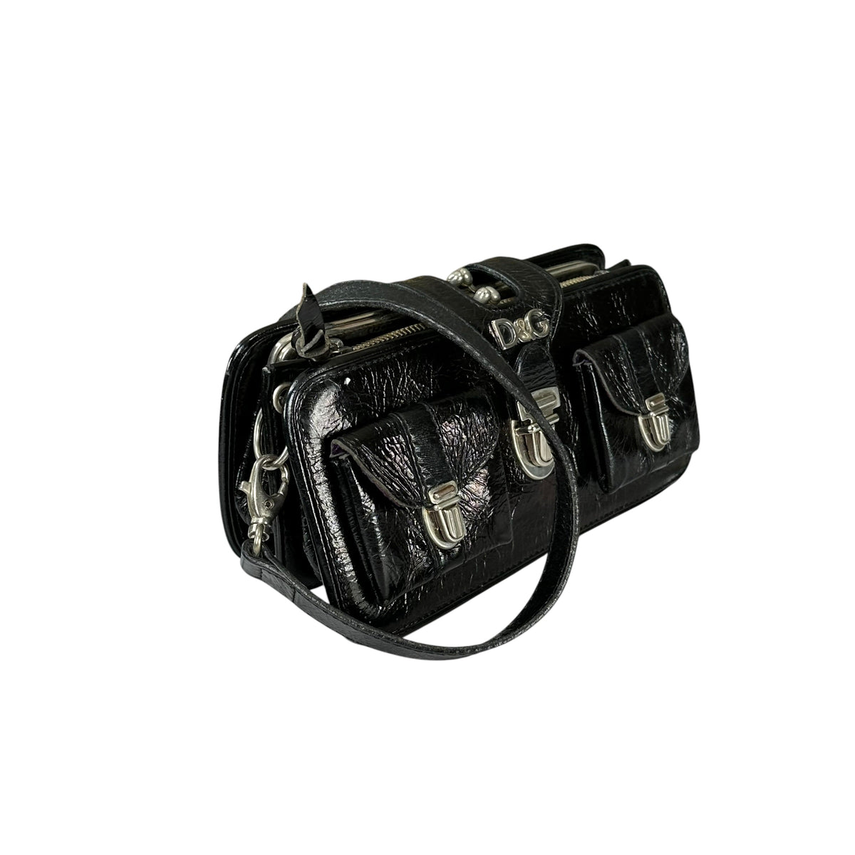 D & G Dolce Gabbana Mini Black Patent Baguette SHW Purse