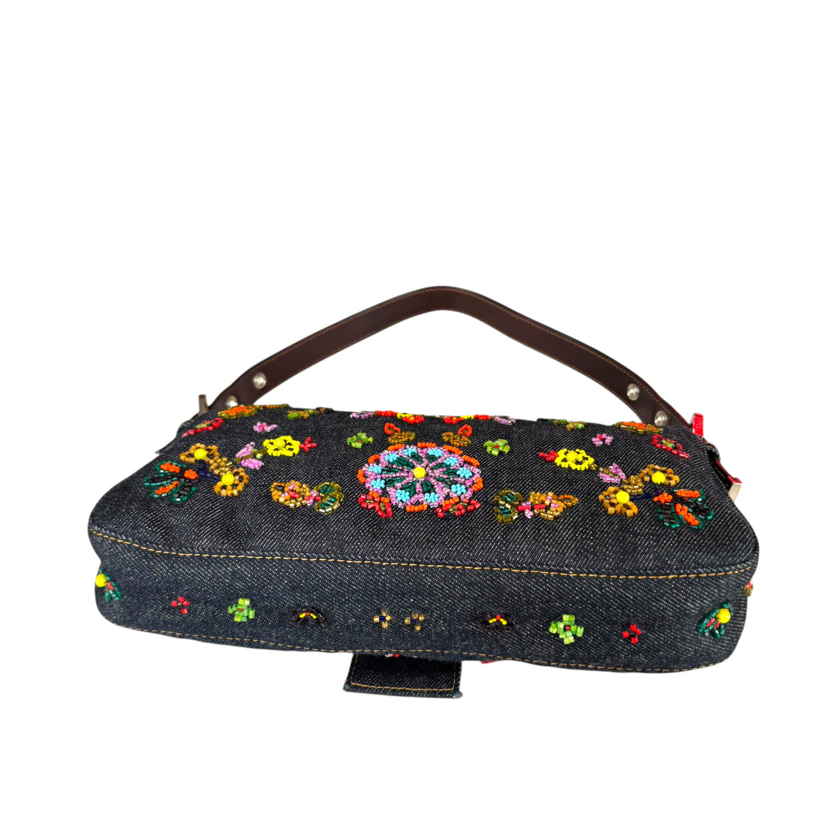 Fendi Y2K Denim Classic Floral Beaded Baguette Shoulder Purse