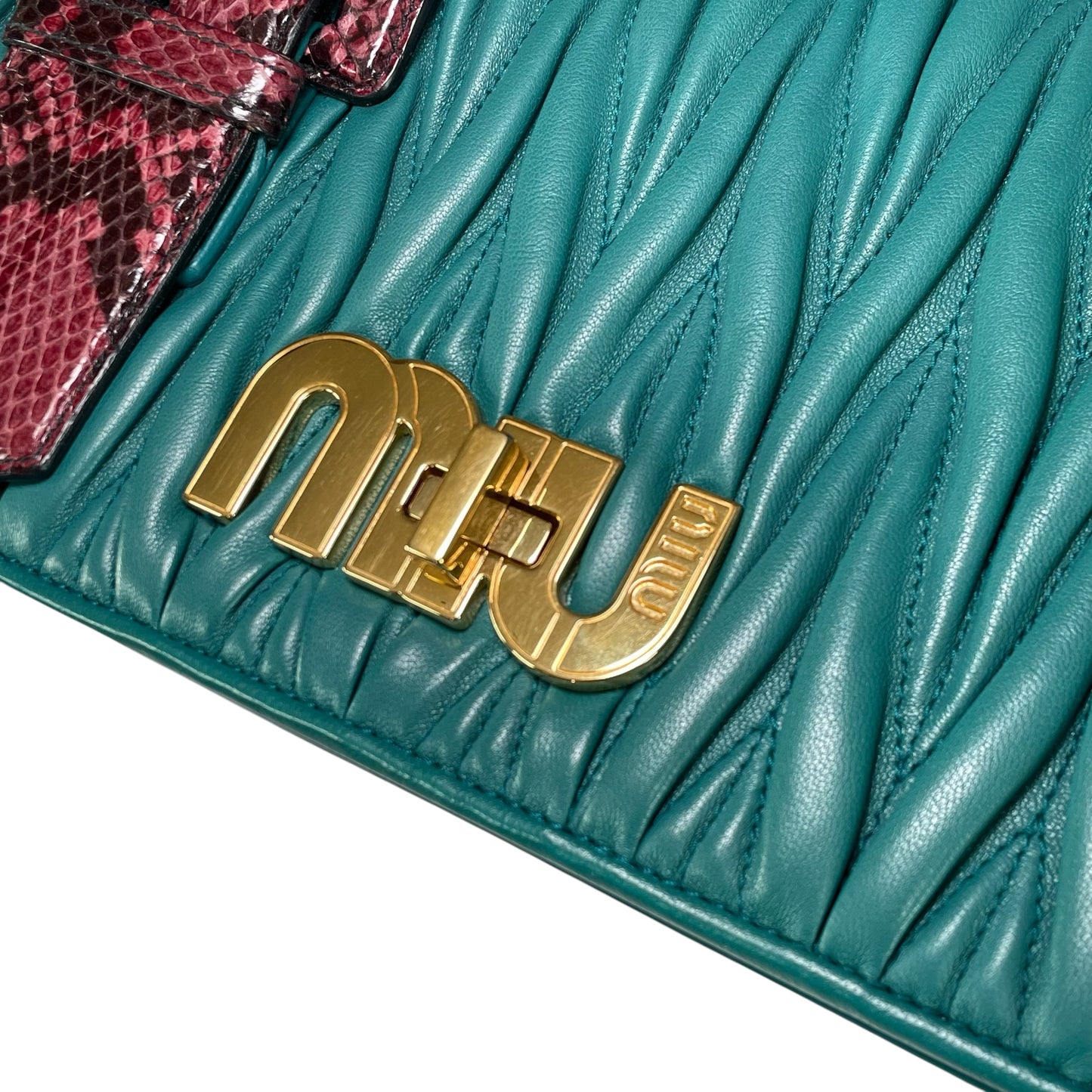 Miu Miu Delice Teal Matelasse Python Embossed Nappa Leather GHW Crossbody Flap Purse