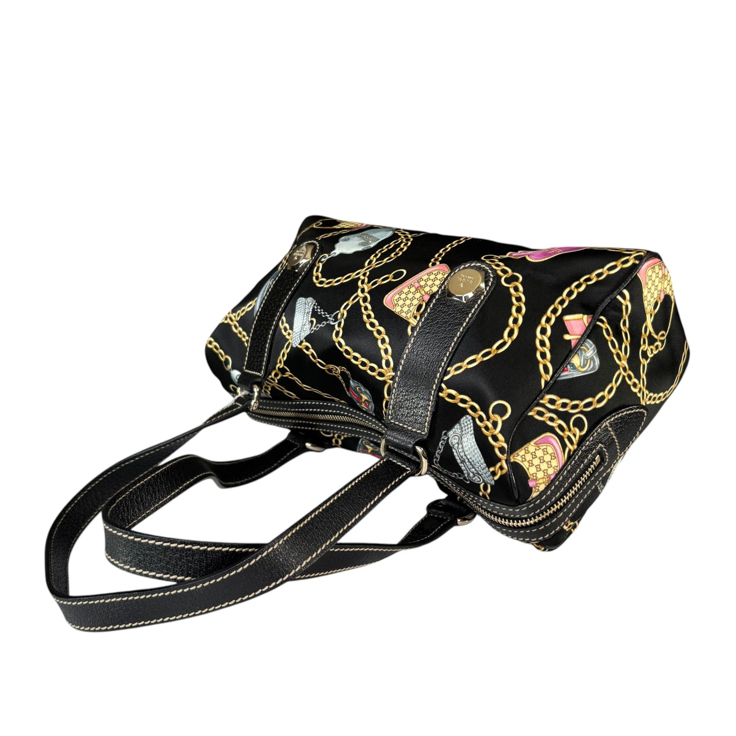 Gucci Black Satin Leather Boston Charm Motif Jackie / HorseBit Chain