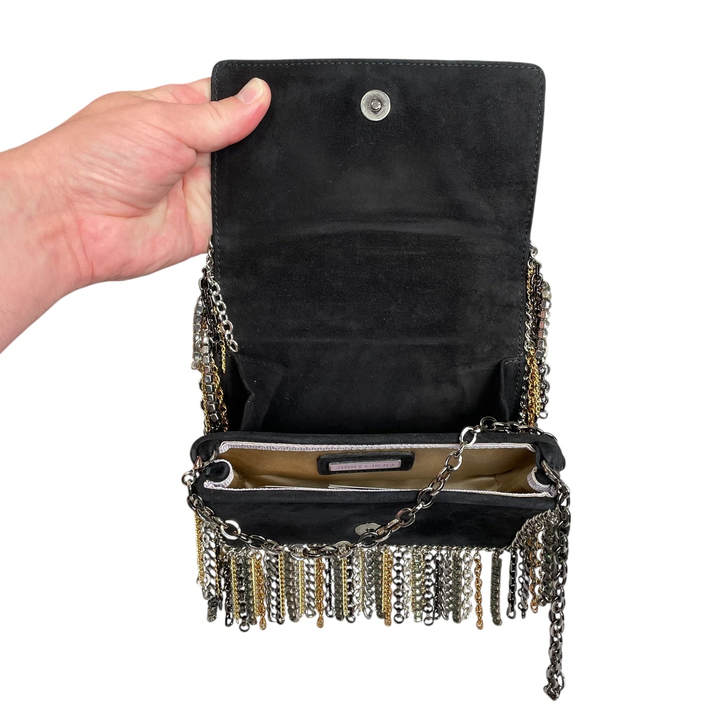 Jimmy Choo  Mini Black Suede Mixed Chain Rhinestone Fringe Hardware 2-Way Clutch Shoulder Purse