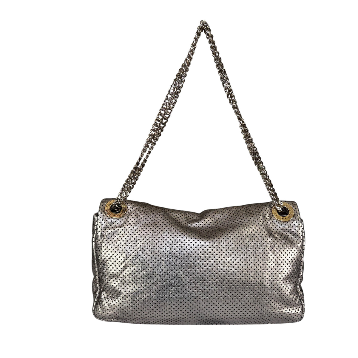 Chanel 2.55 Drill Flap Pewter Metallic Lambskin Leather GHW Med Shoulder Purse