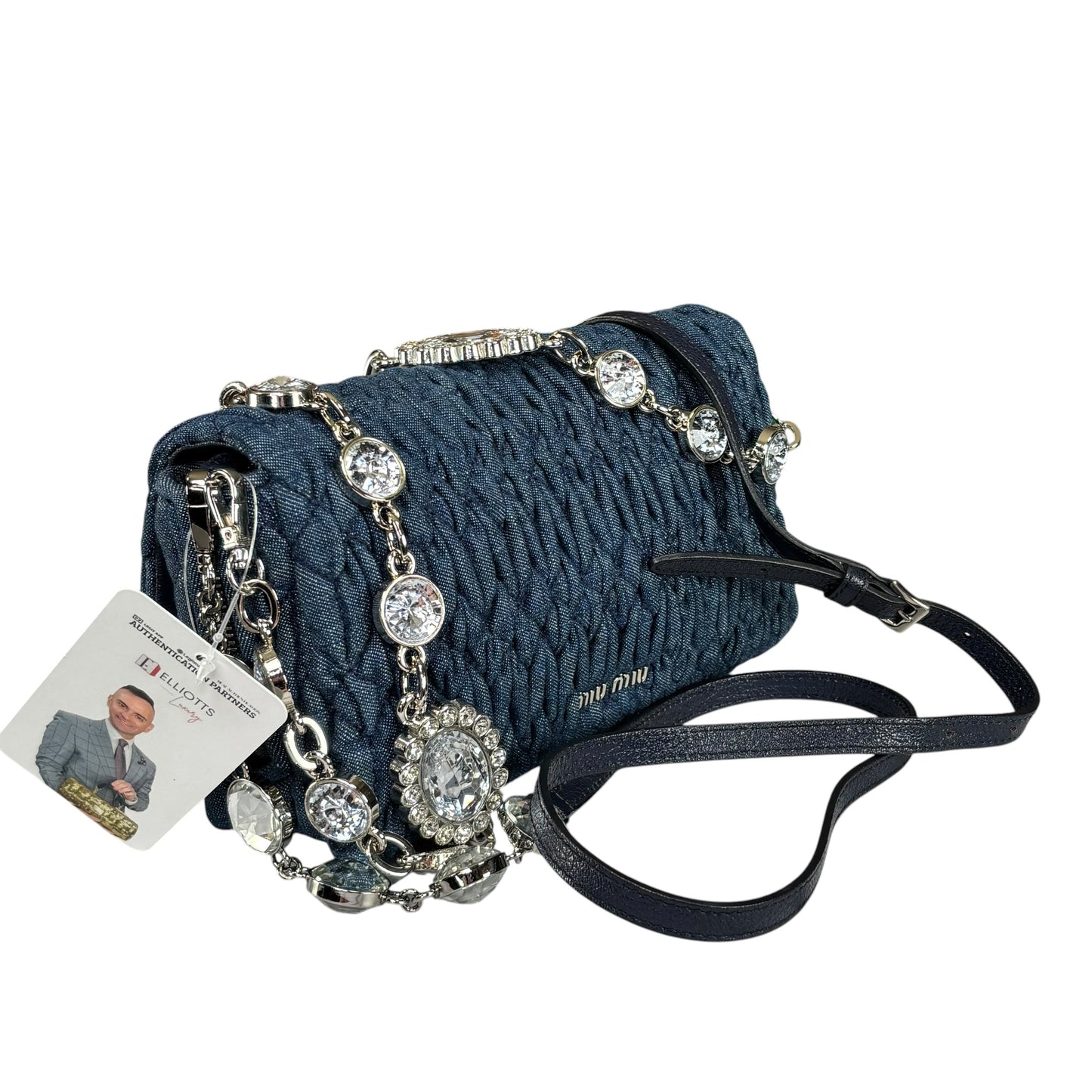Miu Miu Crystal SHW Encrusted Denim 2-Way Crossbody Flap Turn-Lock Purse