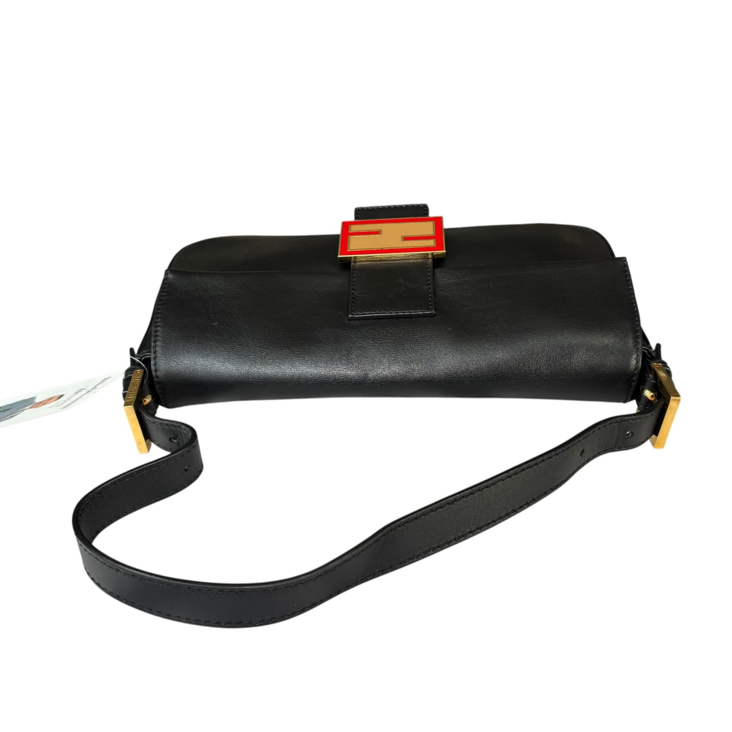Fendi Baguette Re-Issue Black Leather GHW Red/ Tan Shoulder Purse