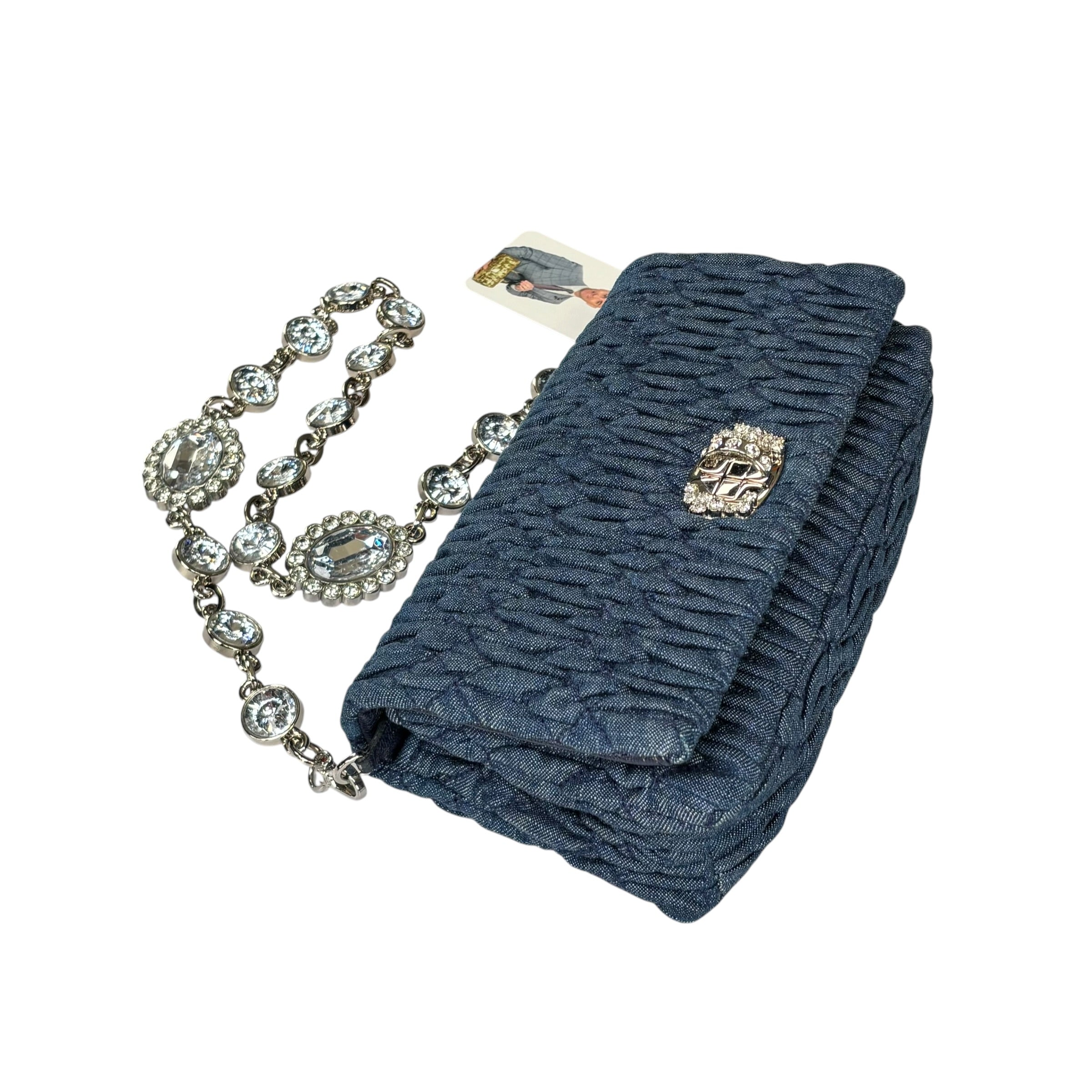 Miu Miu Crystal SHW Encrusted Denim 2-Way Crossbody Flap Turn-Lock