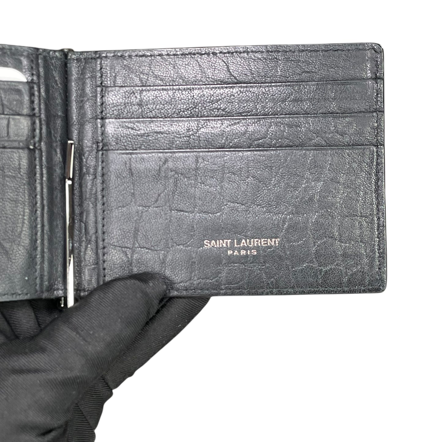 YSL Mens Black Croc Embossed Clip Cash Card Bi Fold Wallet