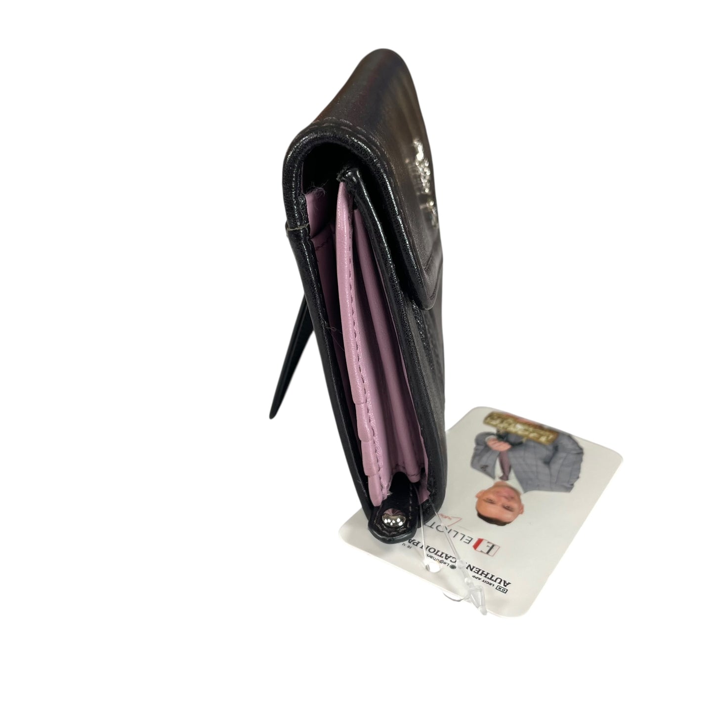 Coach Madison Carriage Logo Black Leather Trifold Long Wallet Lilac Interior SHW