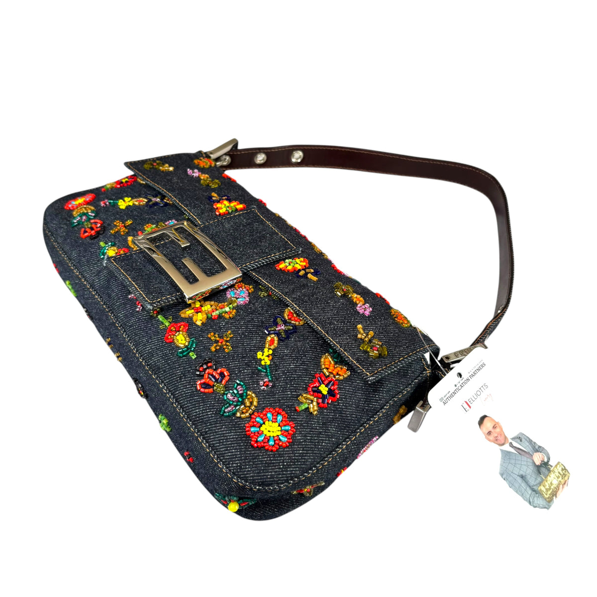 Fendi Y2K Denim Classic Floral Beaded Baguette Shoulder Purse