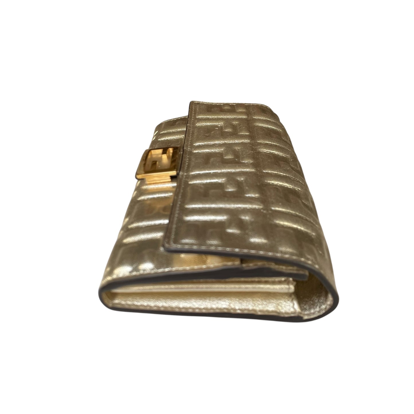 Fendi Zucca Baguette Leather Metallic Gold Silver Continental Long Wallet