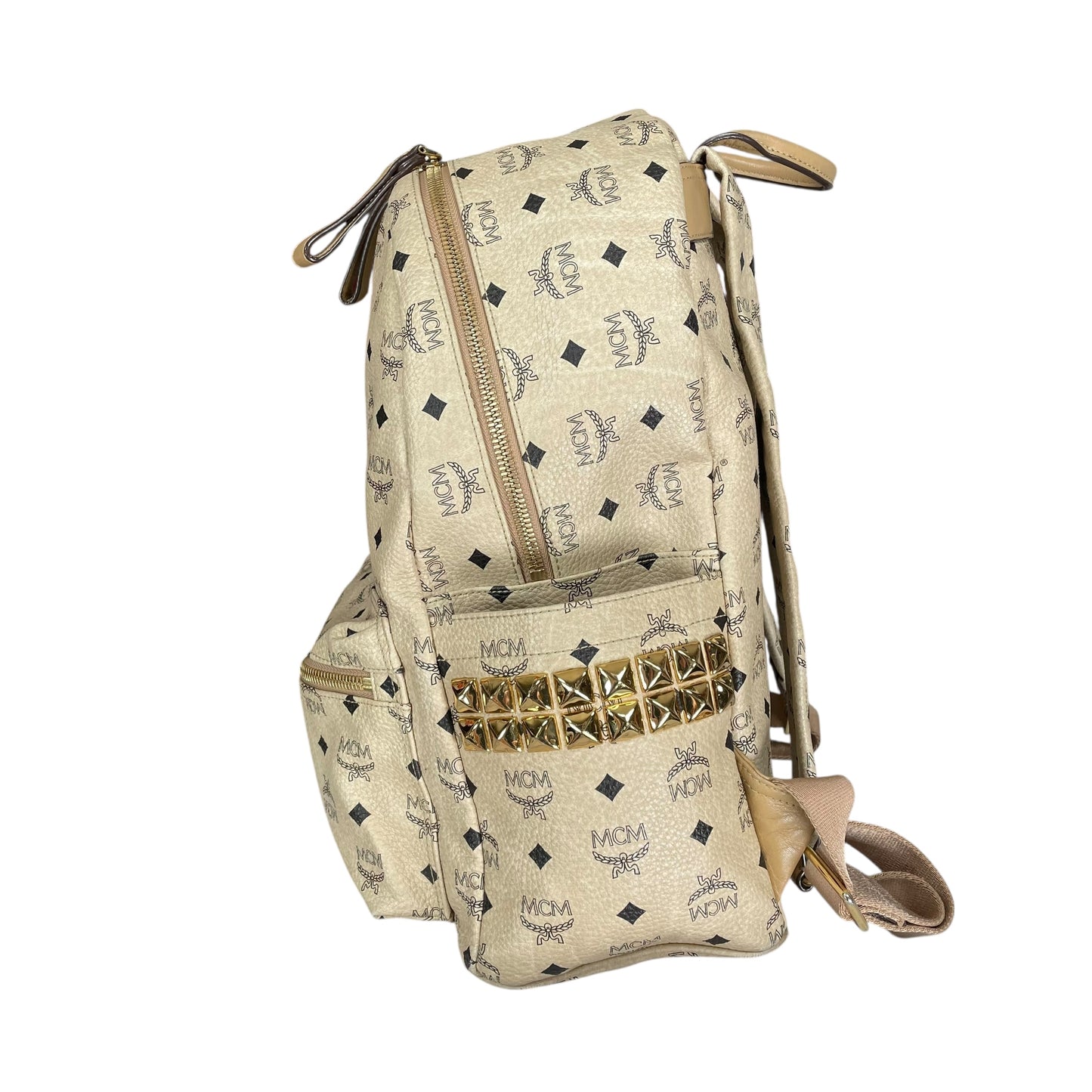 MCM Viestos GHW Studded Creme Pebbled Canvas 15" Laptop Bag Backpack