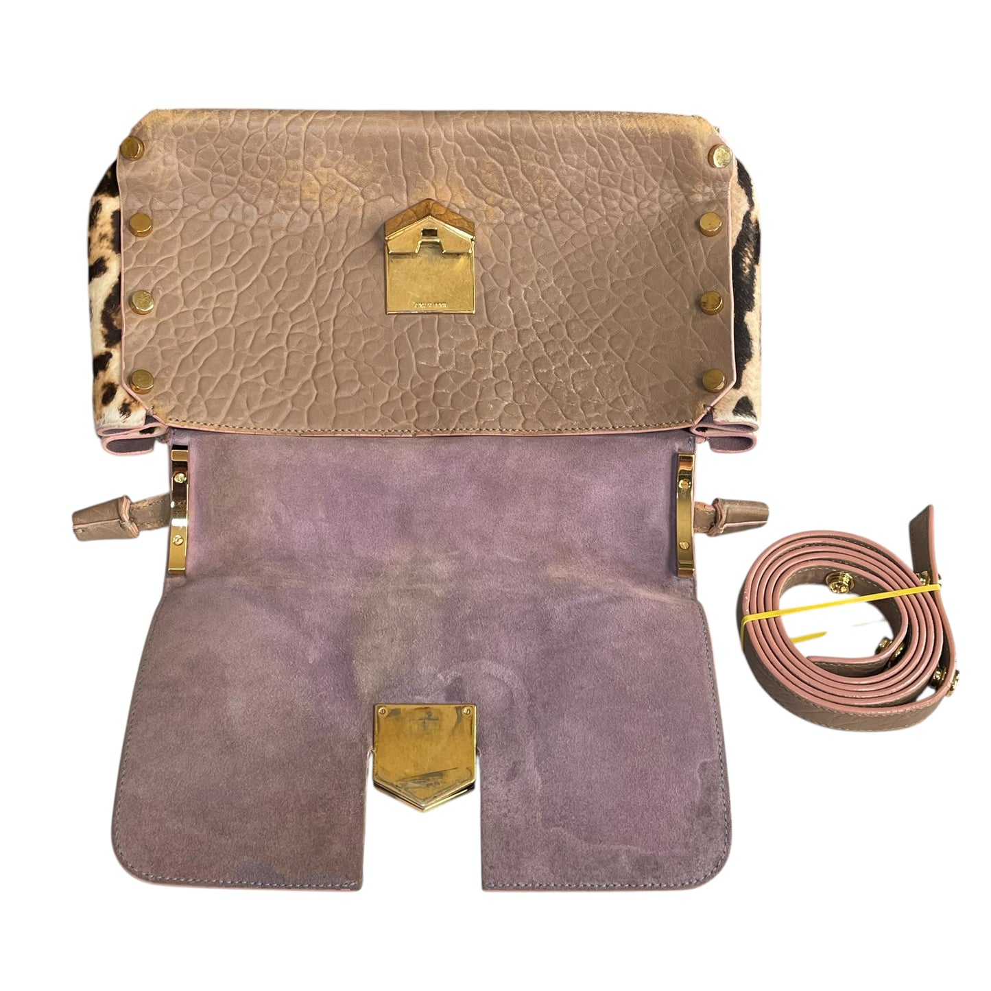 Jimmy Choo Lockett Two Way Bag Leopard Pony Hair Taupe Leather Gold HW Satchel