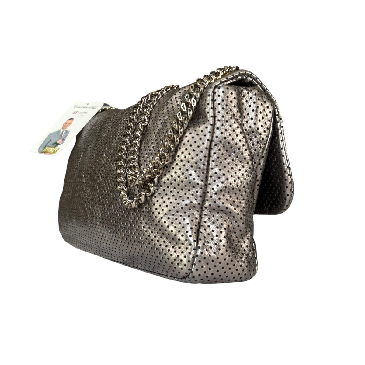Chanel 2.55 Drill Flap Pewter Metallic Lambskin Leather GHW Med Shoulder Purse