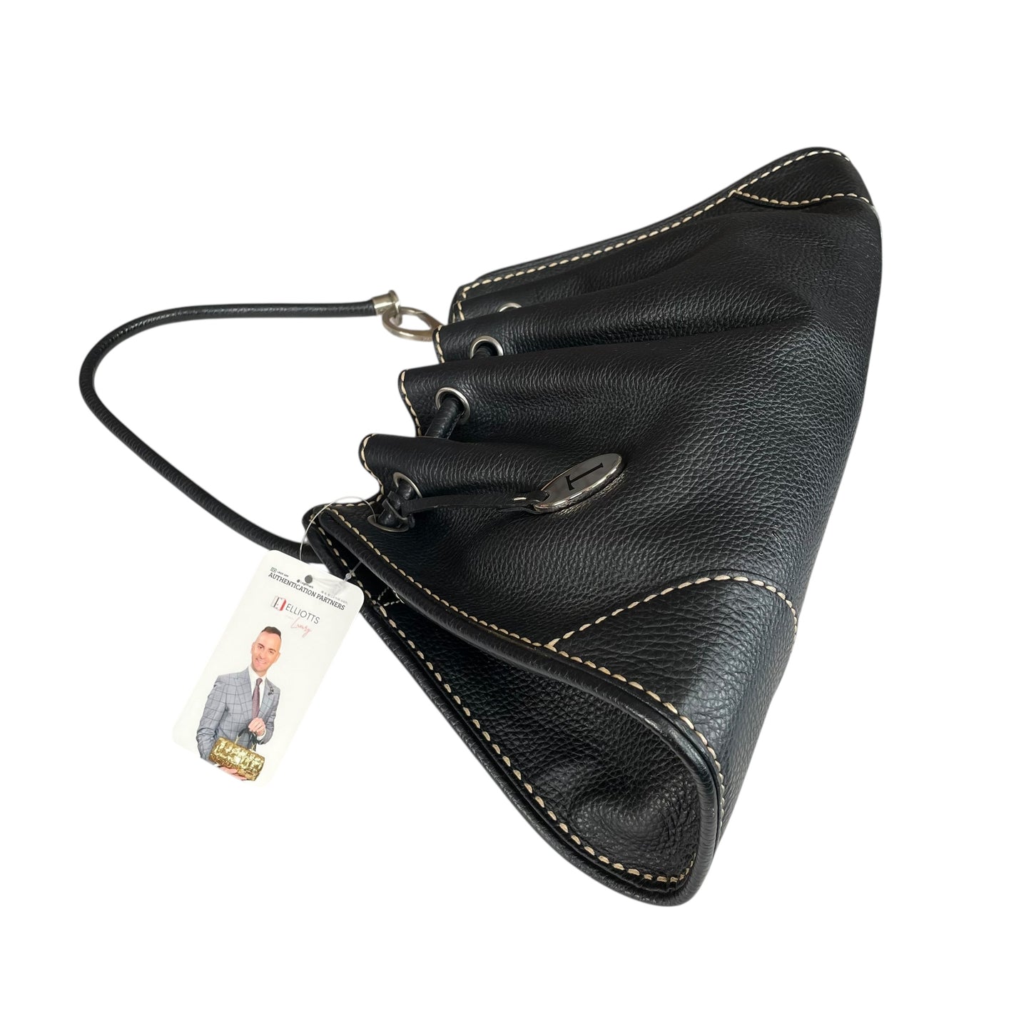 TOD’s Black Equestrian Pebbled Brushed SHW Drawstring Leather Shoulder Purse