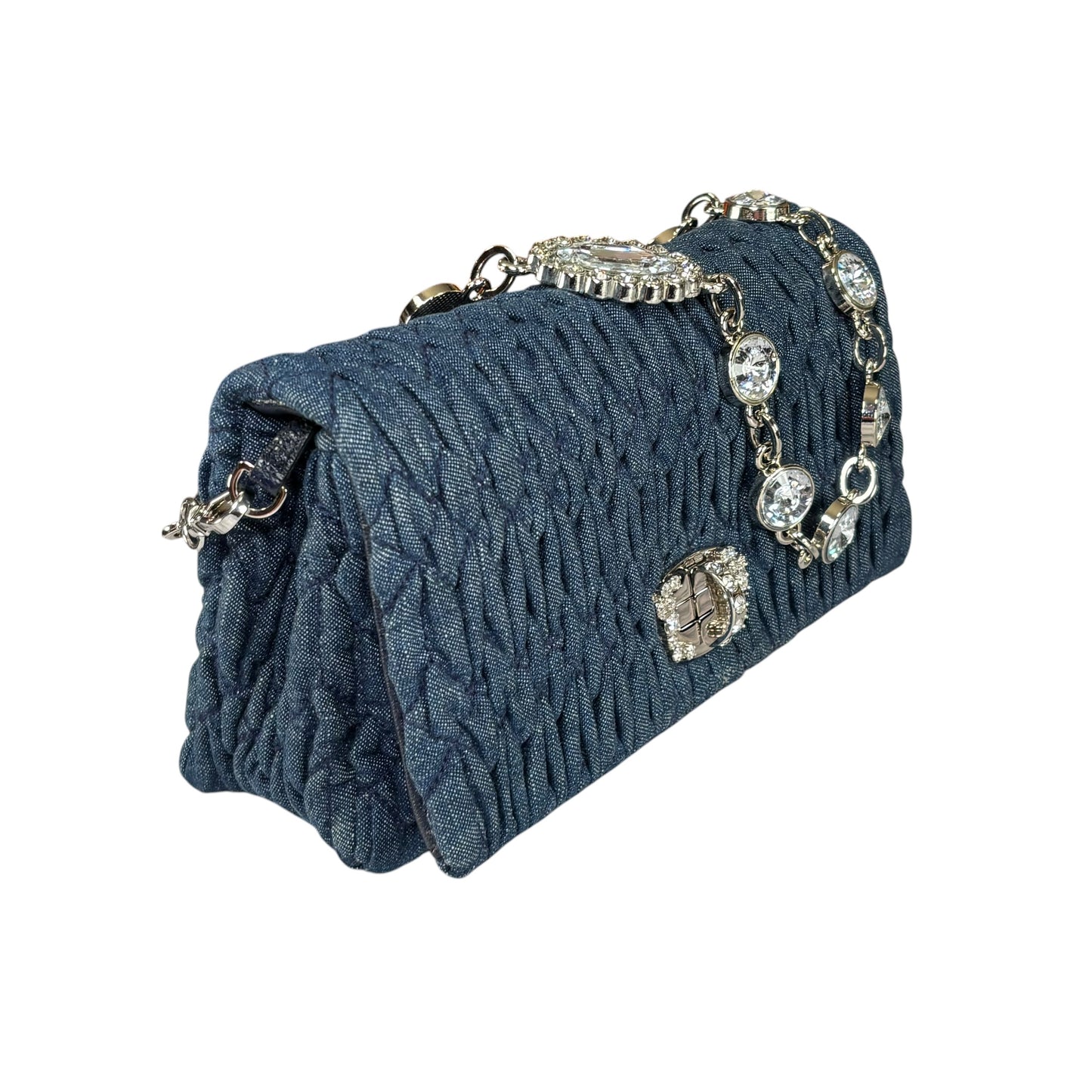 Miu Miu Crystal SHW Encrusted Denim 2-Way Crossbody Flap Turn-Lock Purse