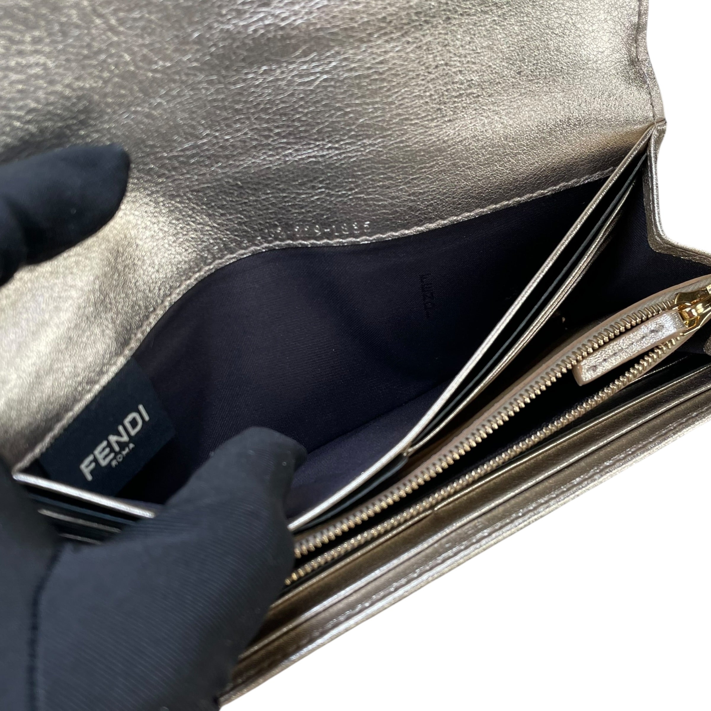 Fendi Zucca Baguette Leather Metallic Gold Silver Continental Long